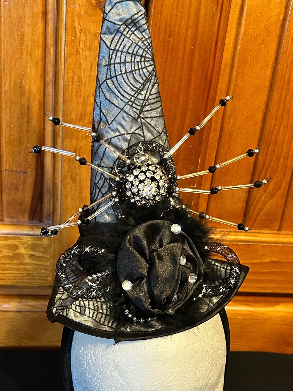 Black Spider Web Witch Hat Headband with Rhinestone Accents
